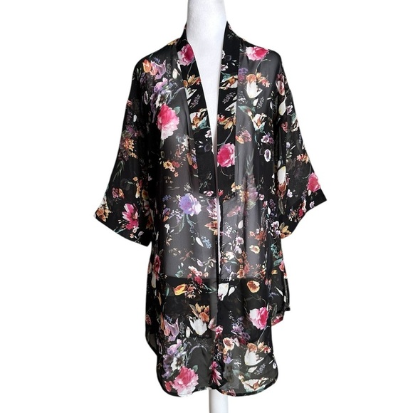 Poscilla Black Floral Open Front Kimono size L - Picture 1 of 17